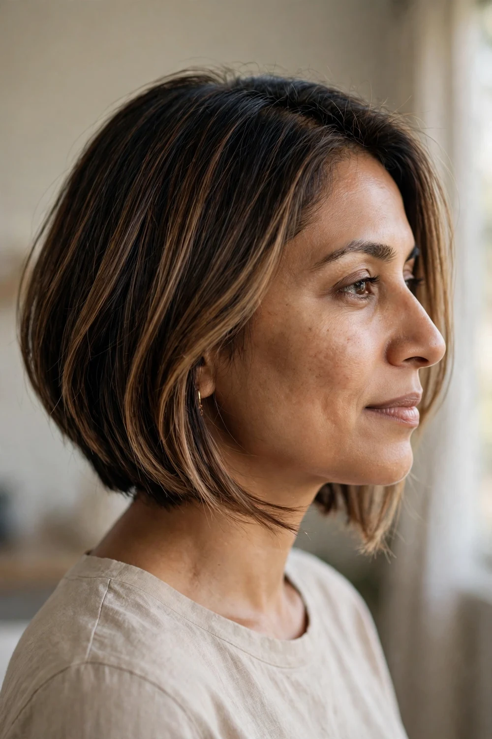 Woman with an angled chin-length bob and dark root smudge, side view