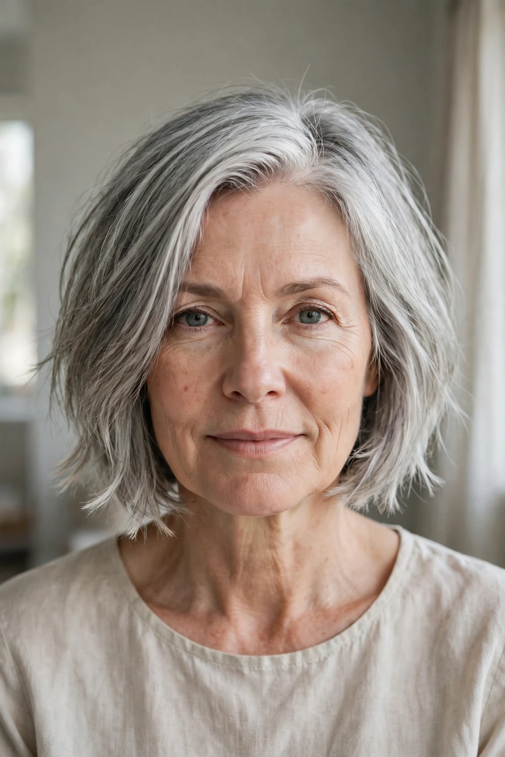 Older woman with a silver razor-cut textured chin-length bob, front view