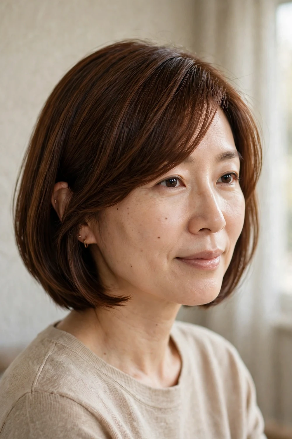 Woman with a side-swept chin-length bob and deep side part, three-quarter view