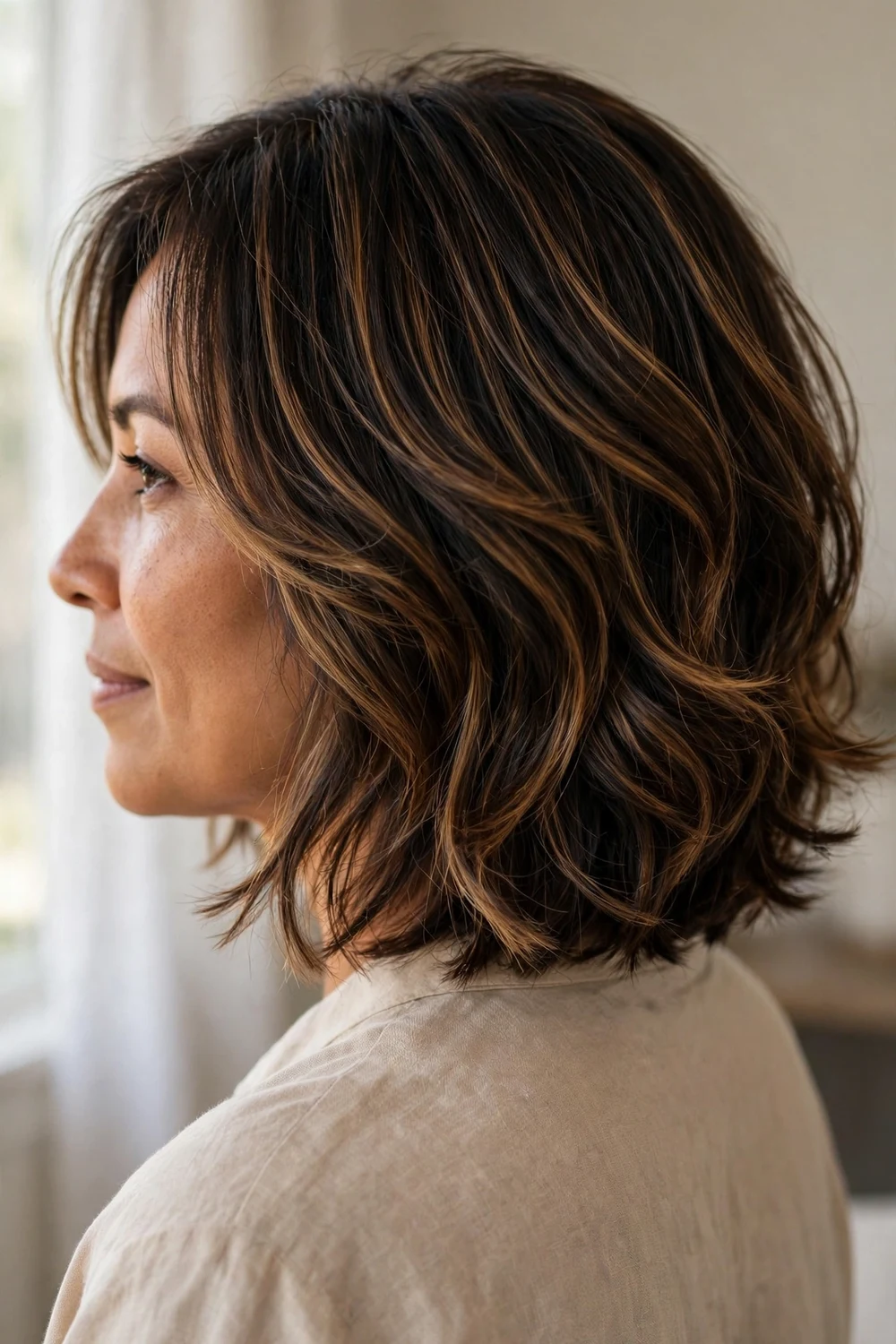 Woman with a layered chin-length bob with caramel highlights, back three-quarter view