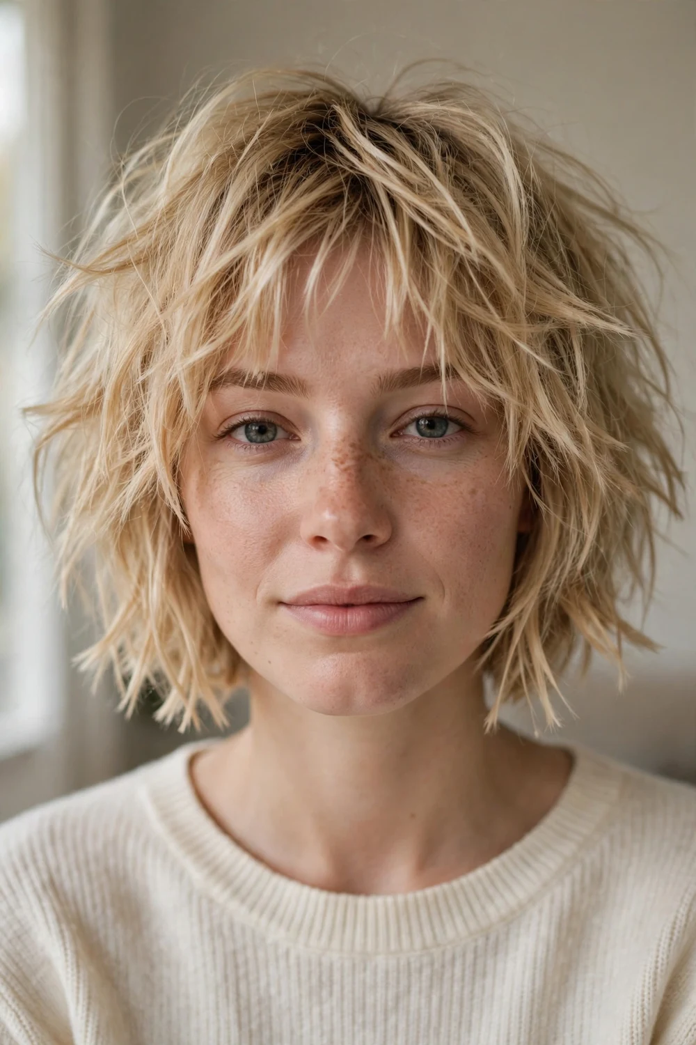 Woman with a shattered messy blonde chin-length bob with choppy ends, front view