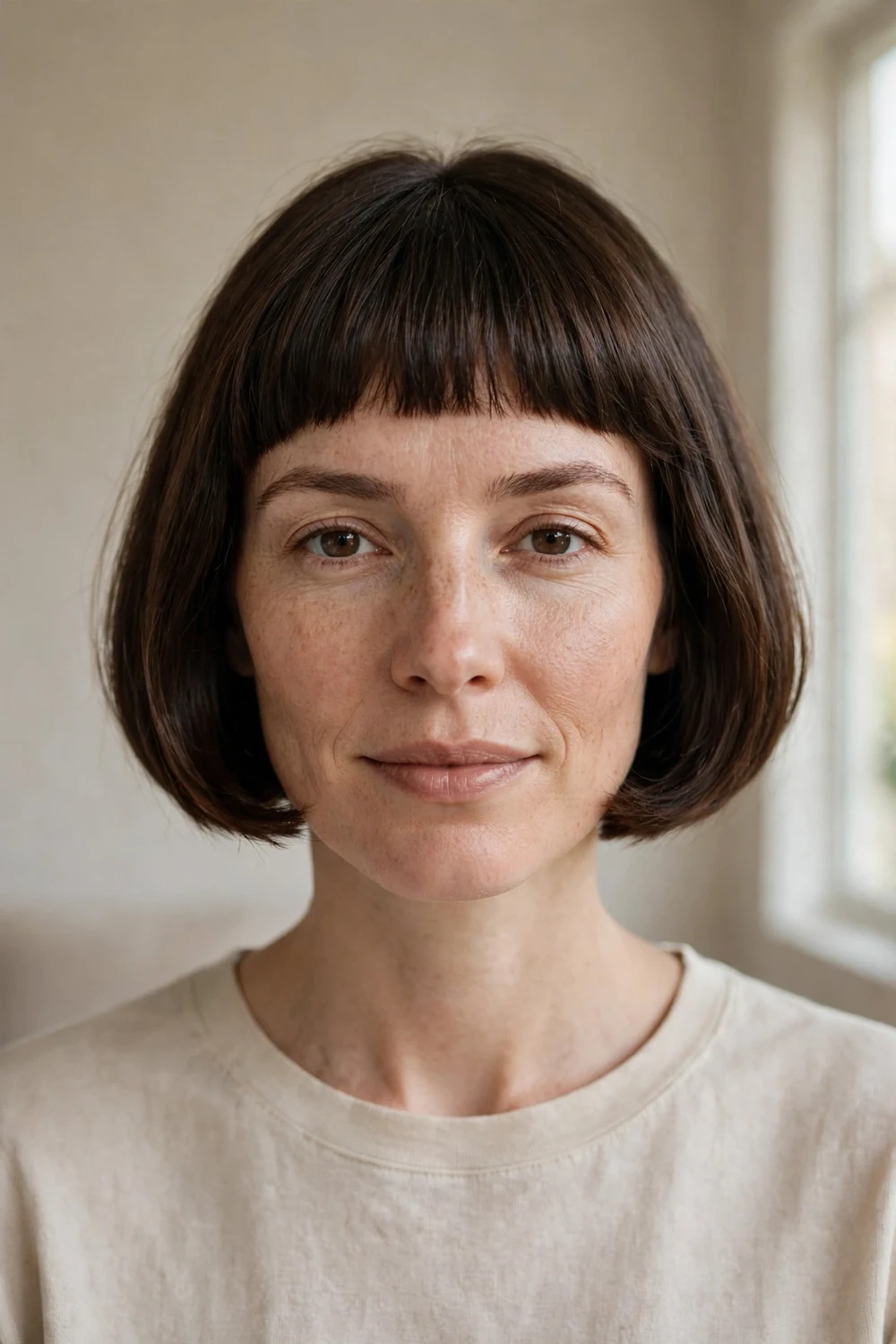 Woman with a French bob haircut at chin length with short fringe, front view