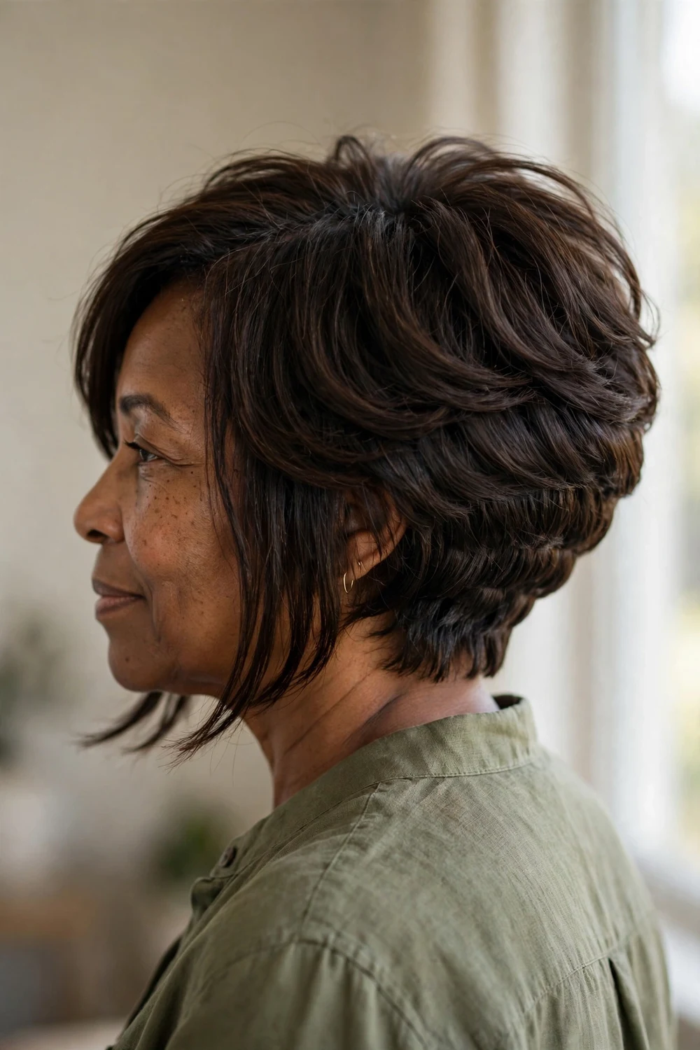 Woman with a stacked chin-length bob with graduated layers at the back, back three-quarter view