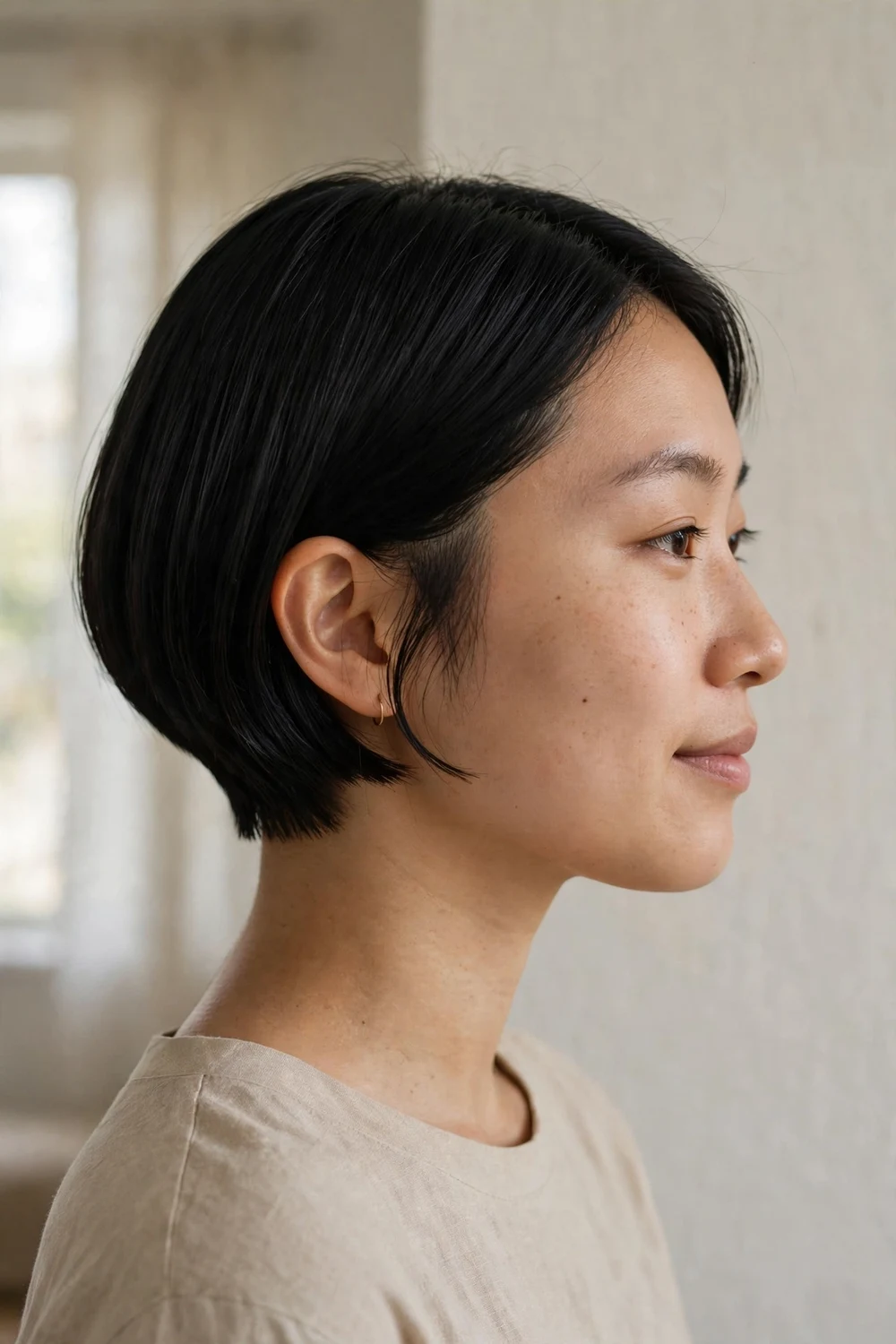 Woman with a micro bob haircut just below the jawline, side view