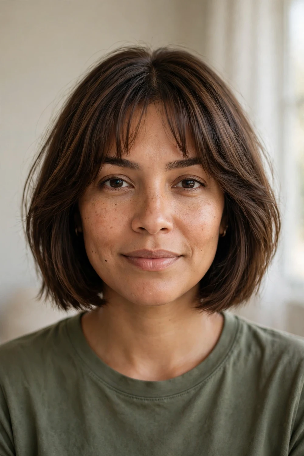 Woman with a chin-length bob and wispy bottleneck bangs, front view