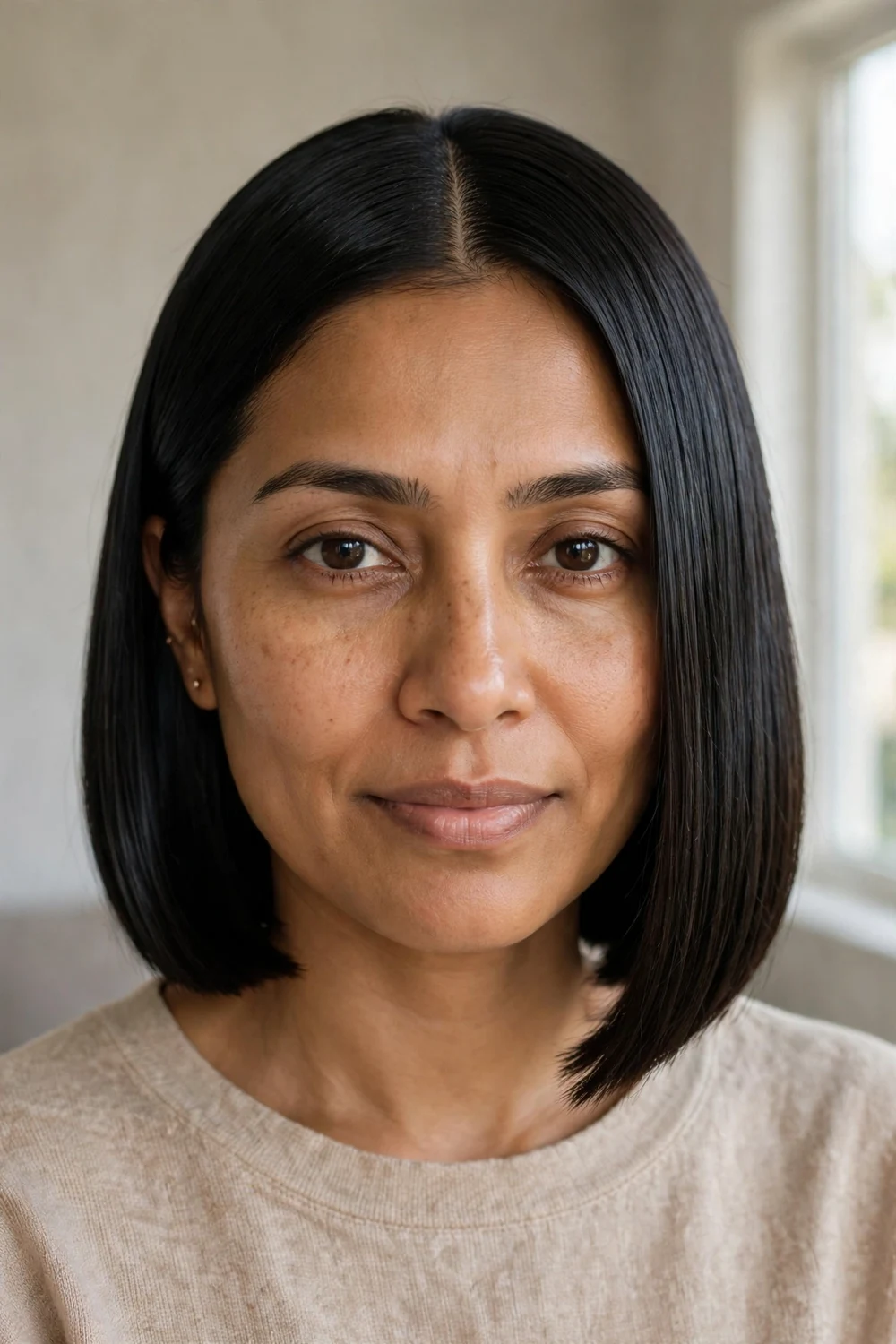 Woman with a sleek straight glossy chin-length bob in jet black hair, front view