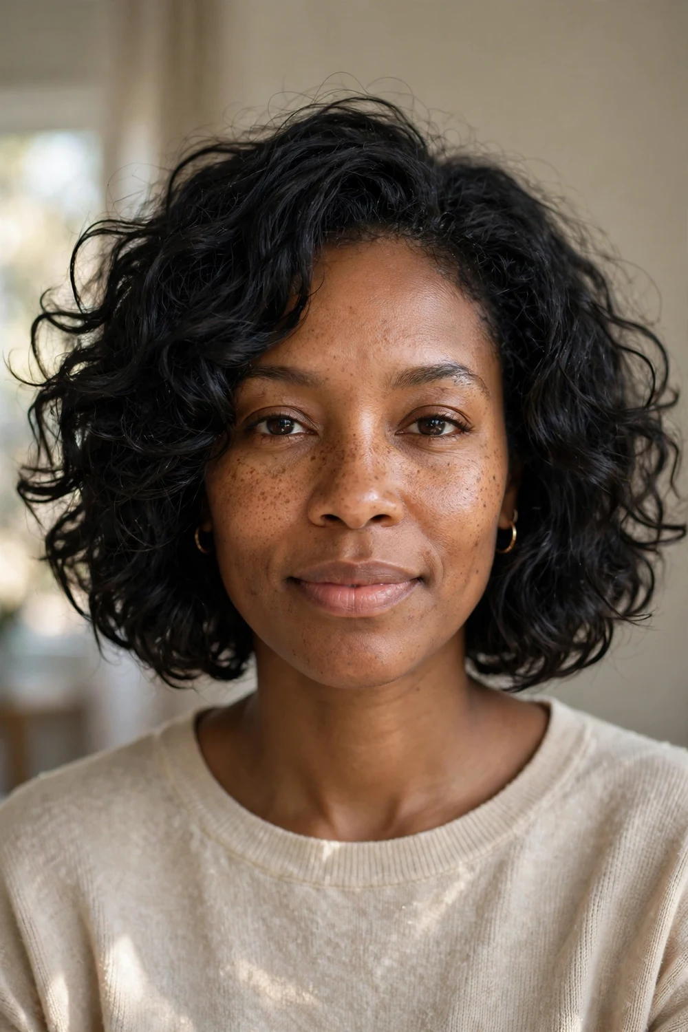 Woman with a soft natural curly chin-length bob, front view