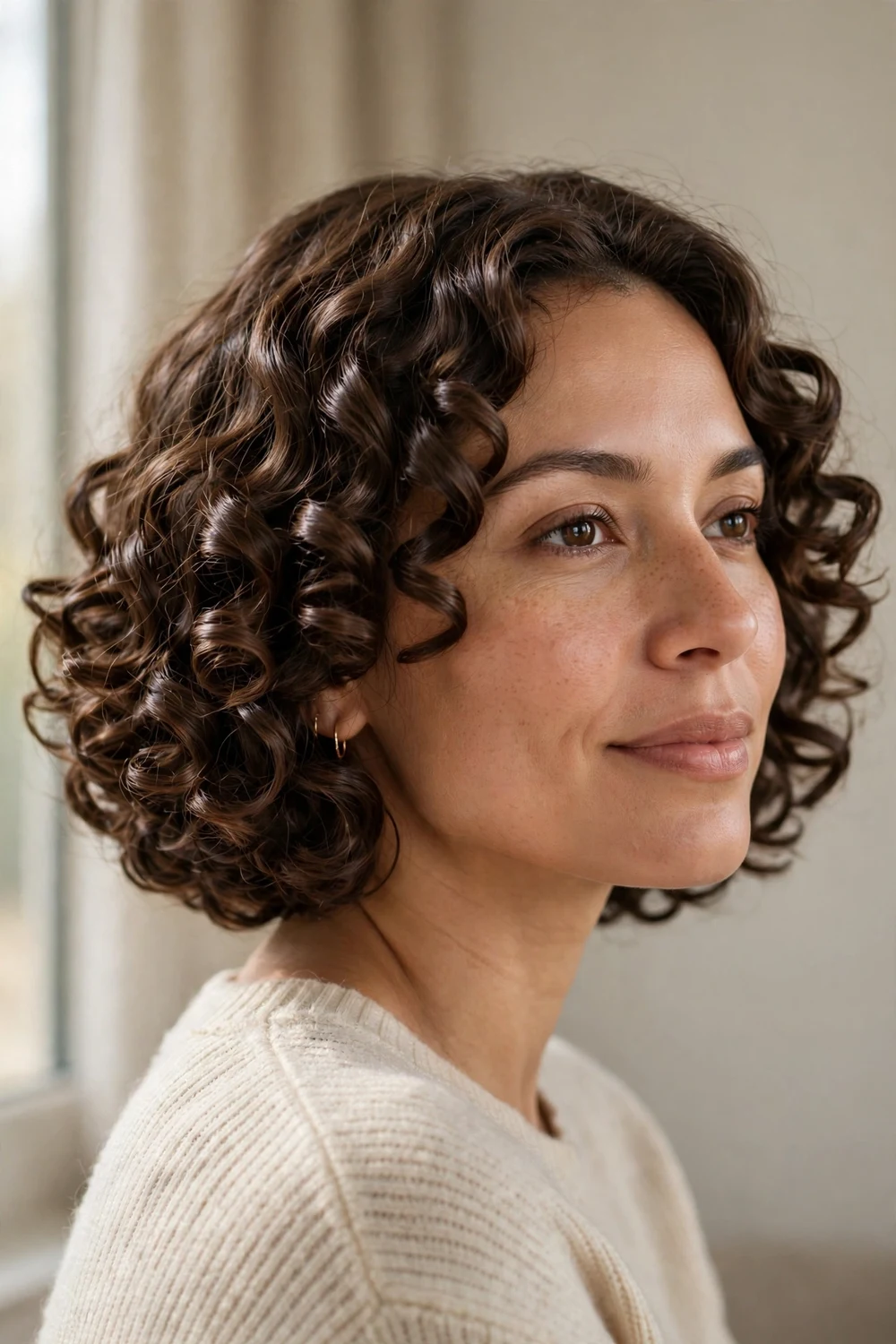 Woman with defined spiral ringlets in a chin-length bob, three-quarter view