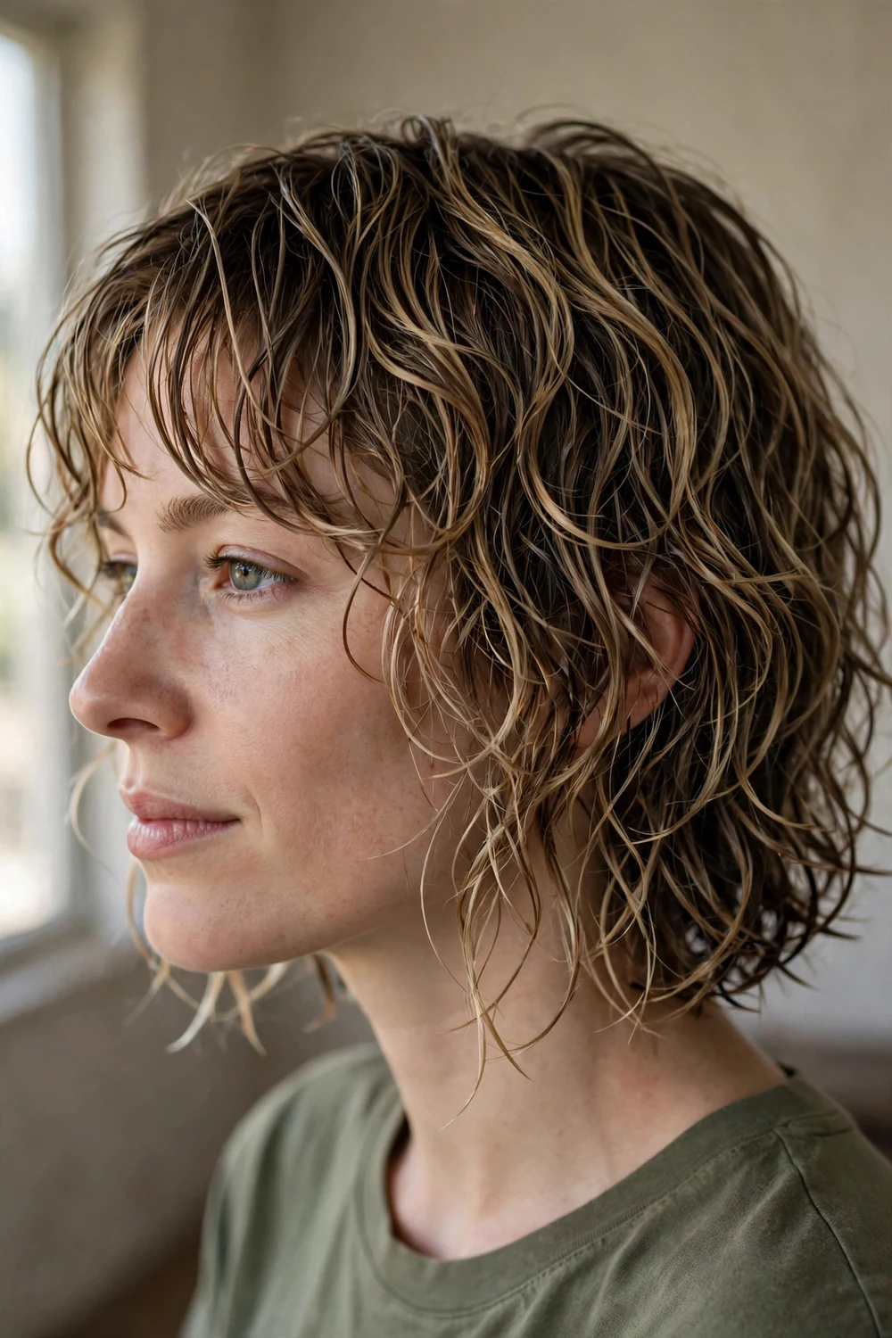 Woman with a wet-look curly shag haircut at chin length with curtain bangs, side view