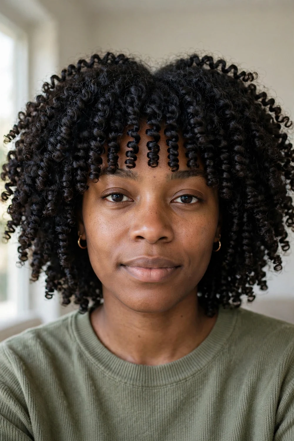 Woman with tight corkscrew coils at chin length with a full fringe, front view