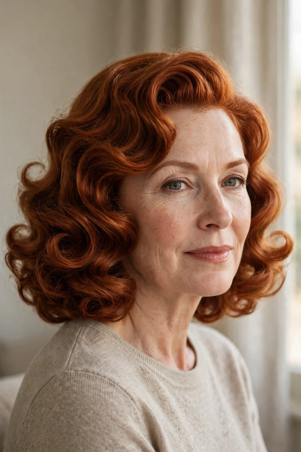 Older woman with voluminous retro bouncy curls at chin length, three-quarter view