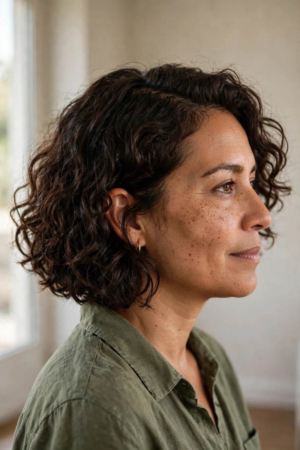 Woman with a shaggy curly chin-length bob and deep side part, side view