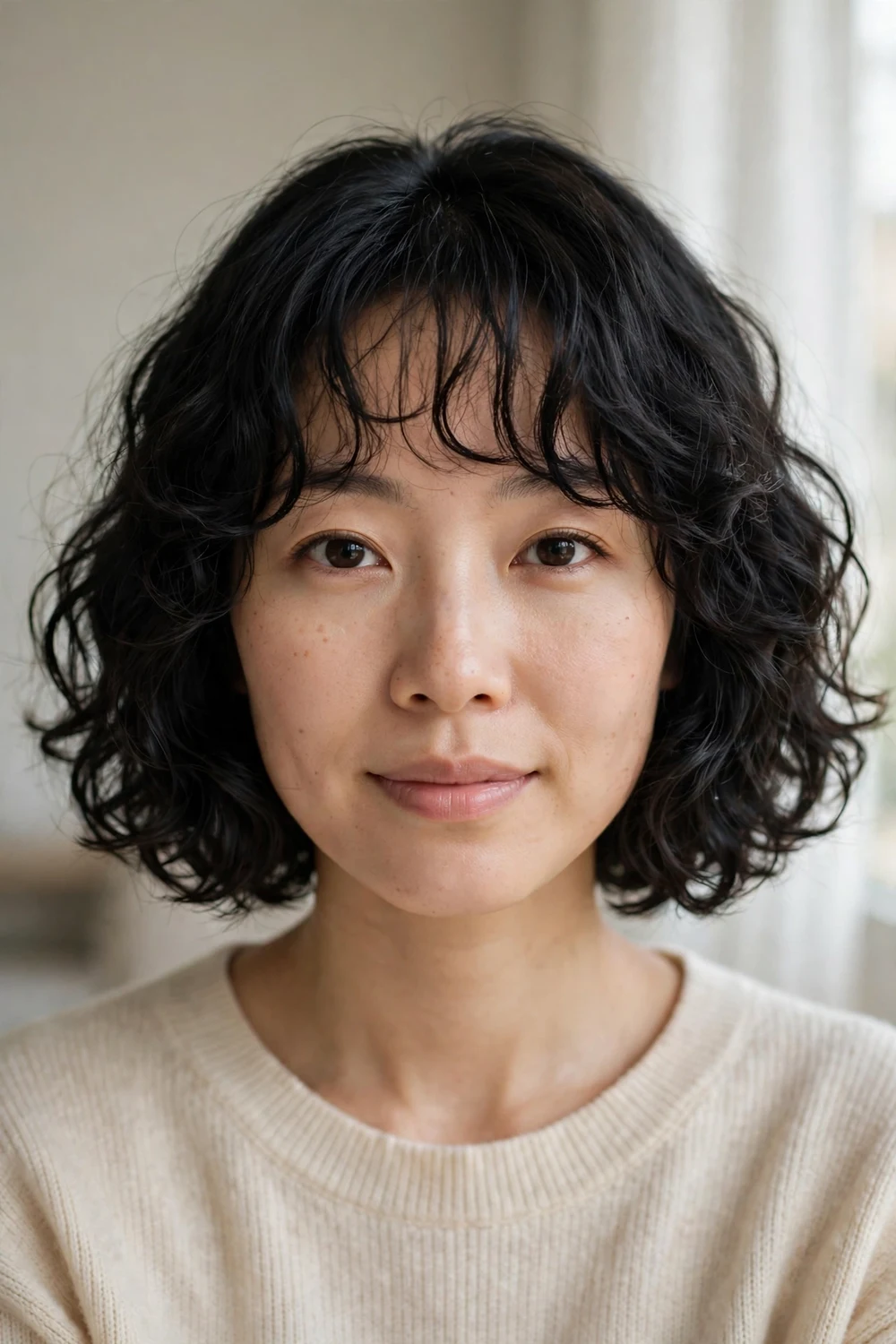 Woman with a curly chin-length bob and feathered wispy bangs, front view