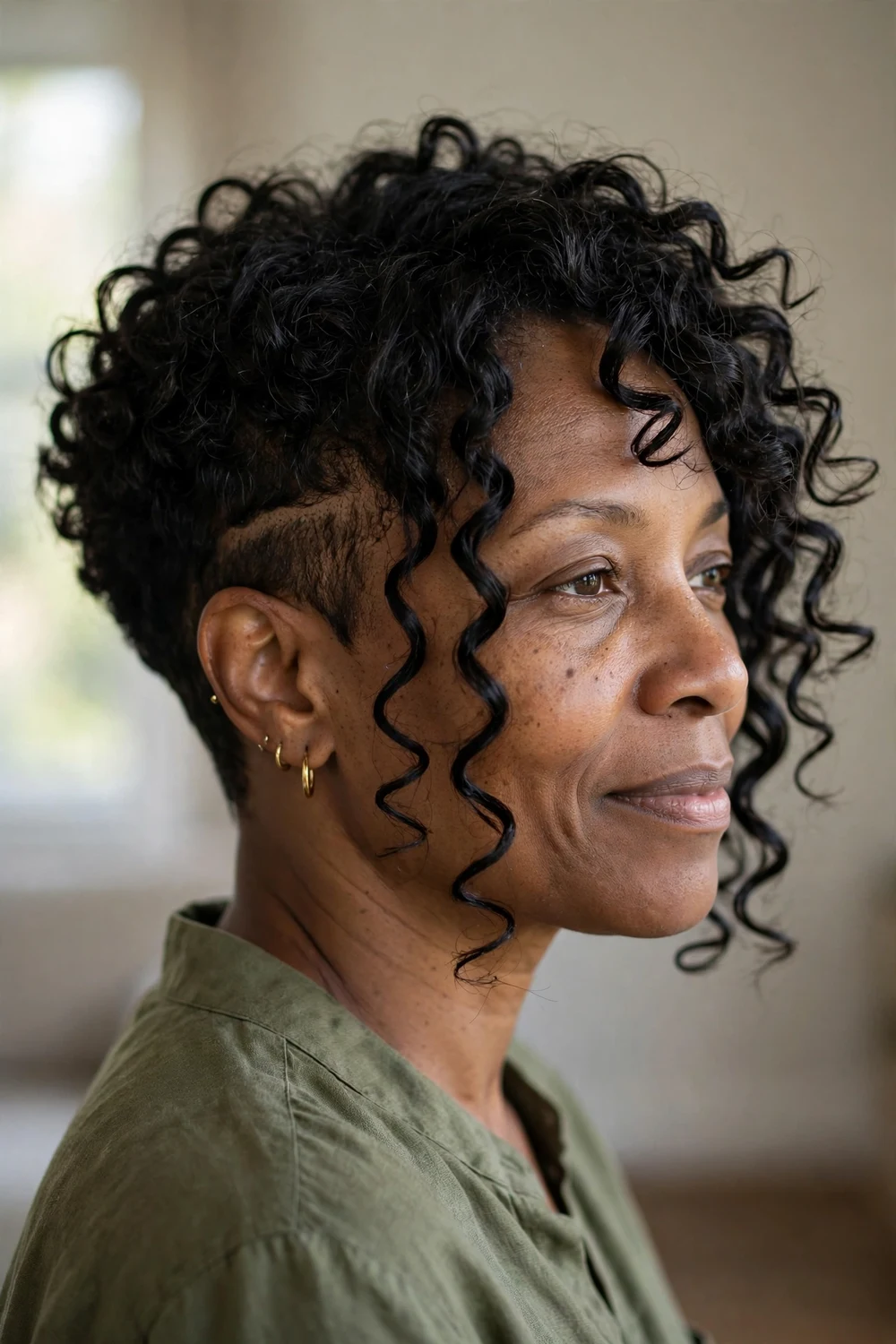 Woman with a curly bixie haircut, tapered sides and longer top curls, three-quarter view