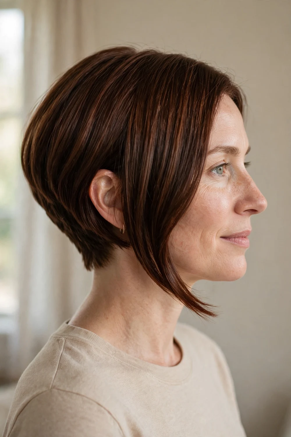 Woman with an inverted chin-length bob, shorter back and longer front, side view