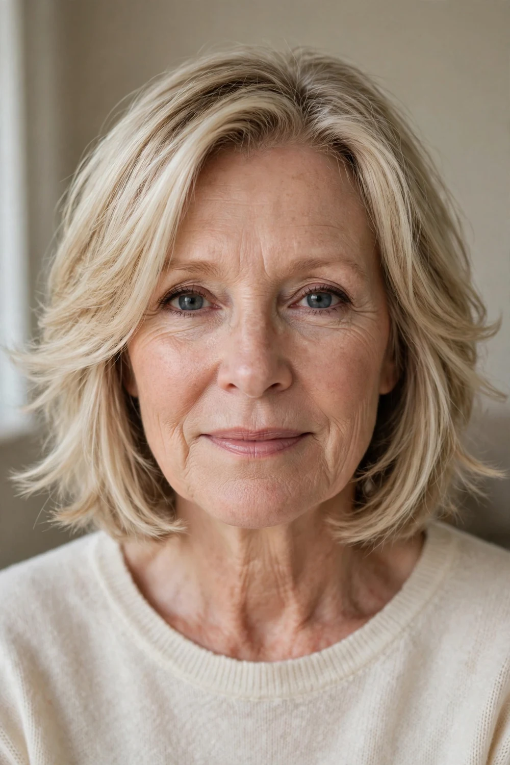 Older woman with feathered layered chin-length hair, front view