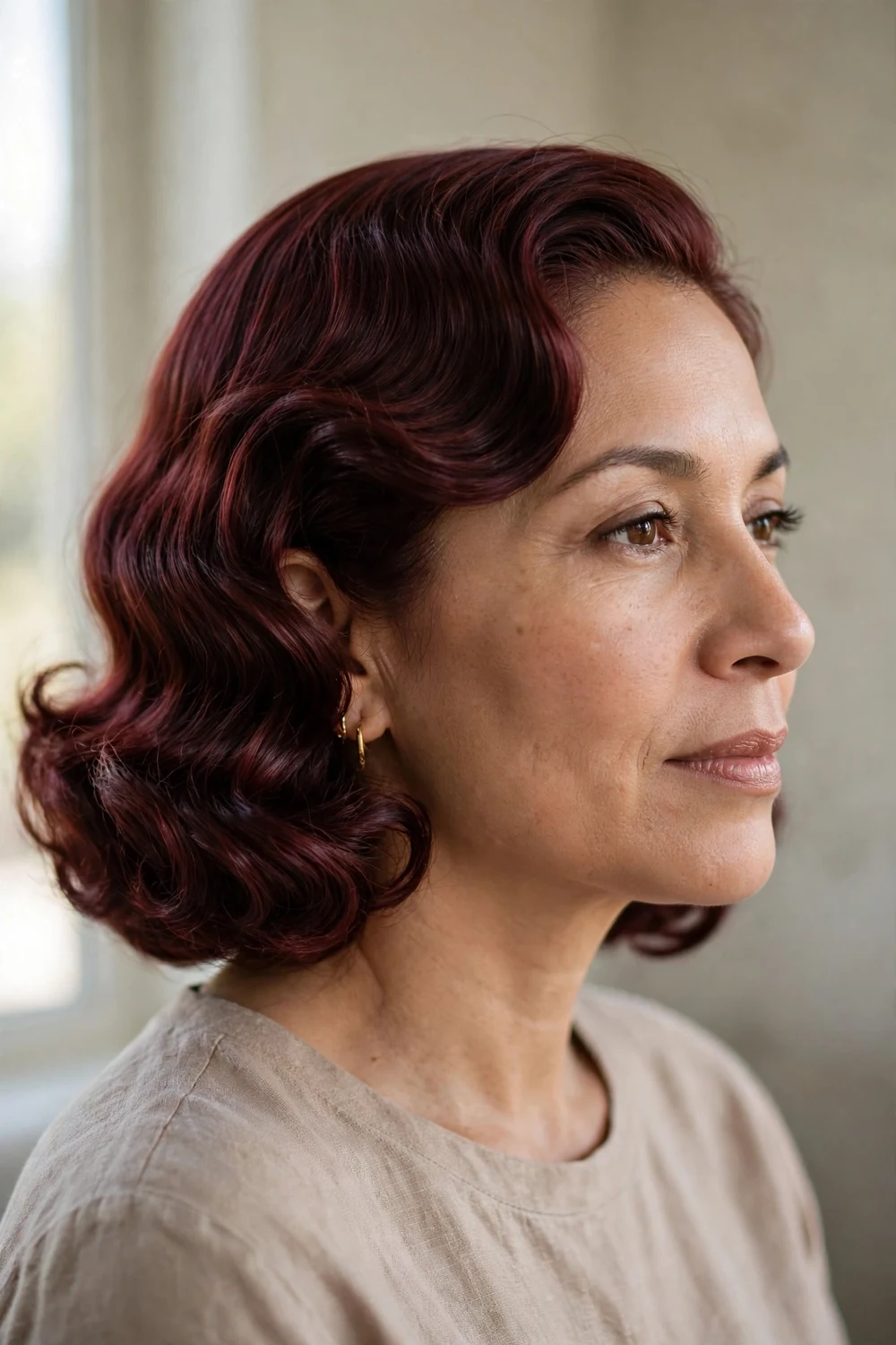 Woman with vintage Hollywood waves at chin length in burgundy hair, side view