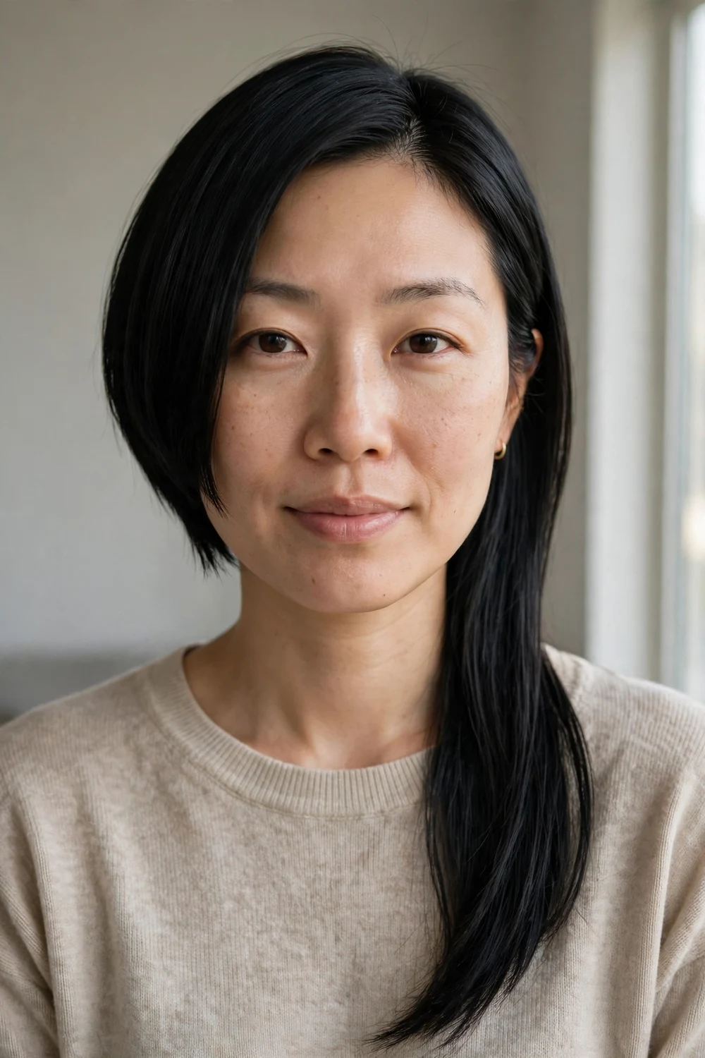 Woman with an asymmetrical chin-length bob, one side longer, front view