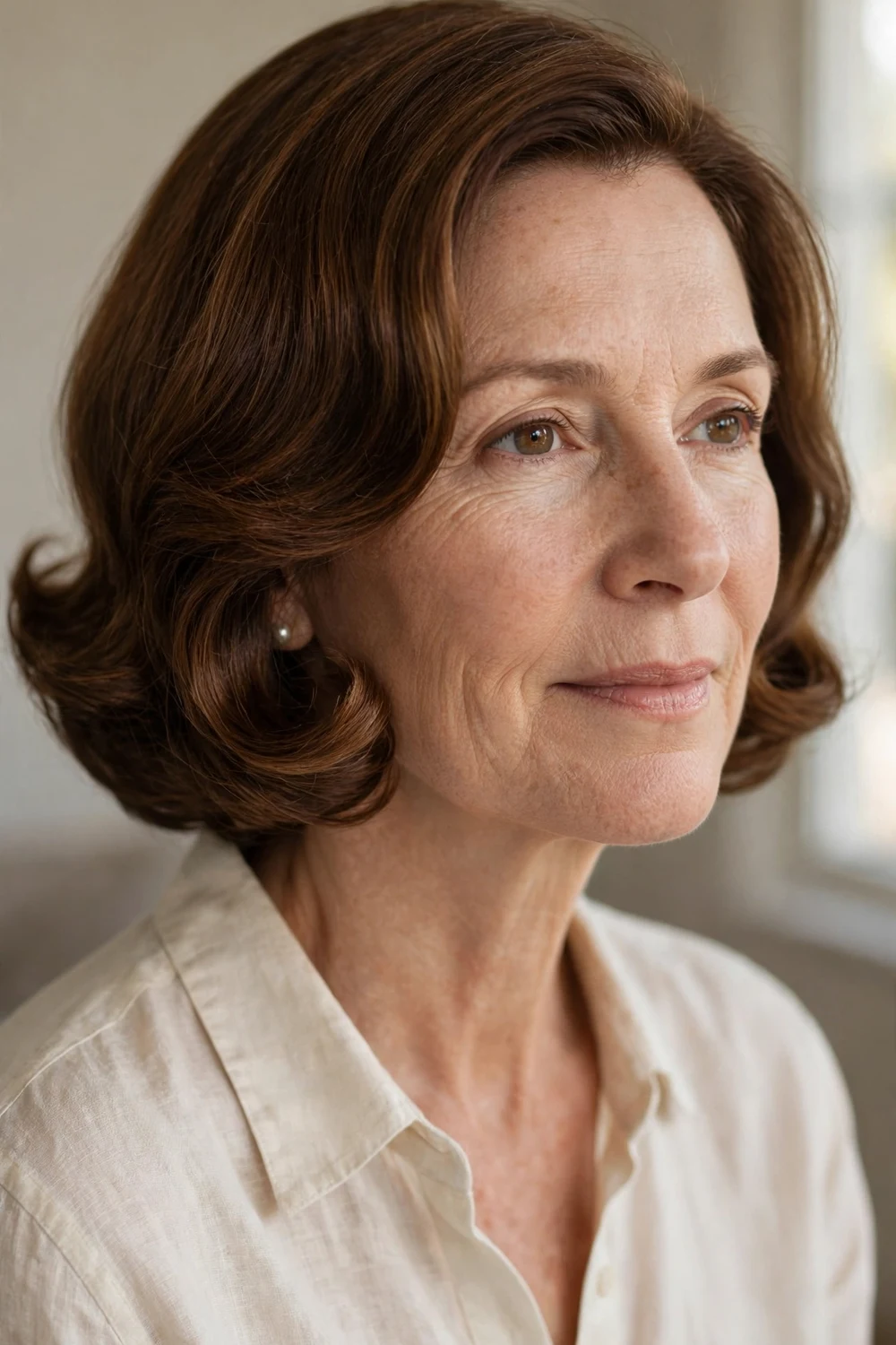 Older woman with a curled-under chin-length bob in chestnut hair, three-quarter view