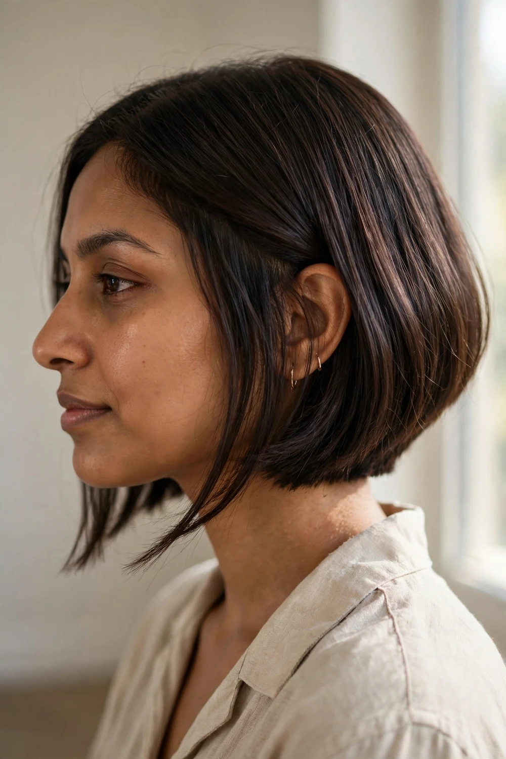 Woman with an A-line chin-length bob, longer front pieces, side view