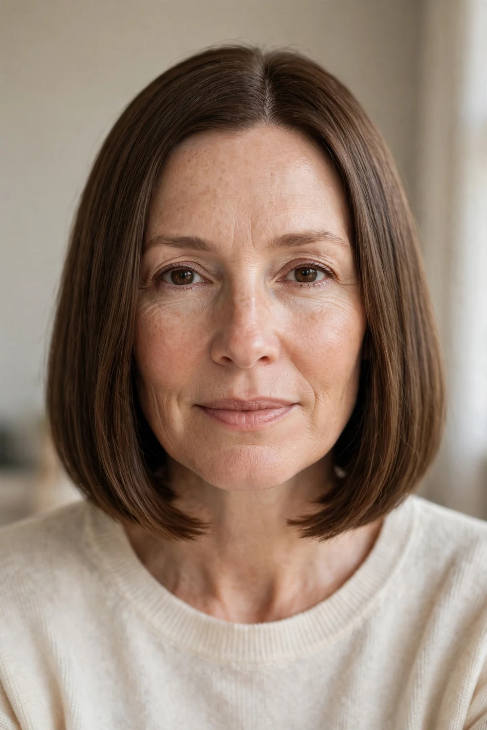 Woman with a chin-grazing lob haircut, long bob just brushing the chin, front view