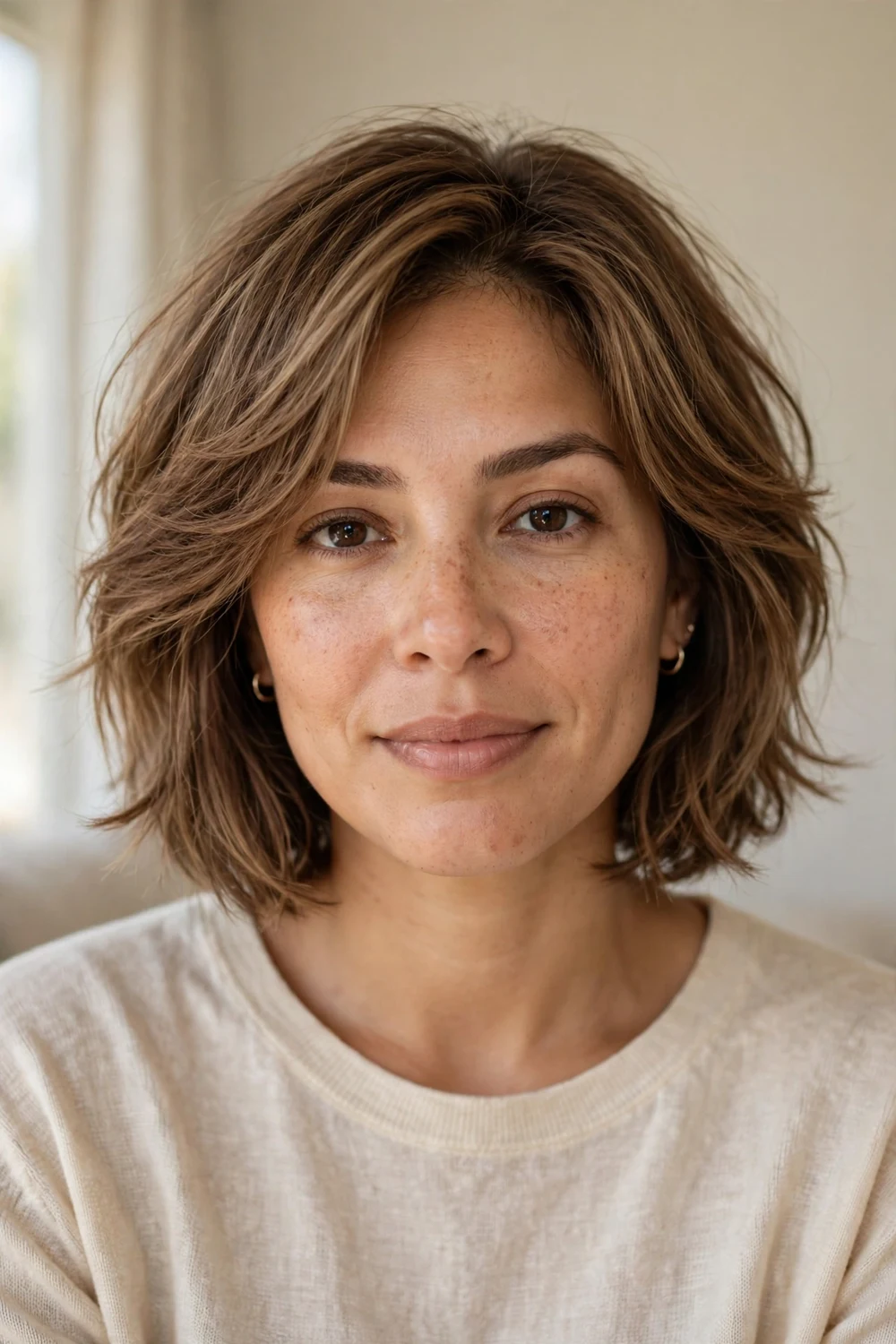 Woman with a soft shag bob at chin length in toffee brown hair, front view