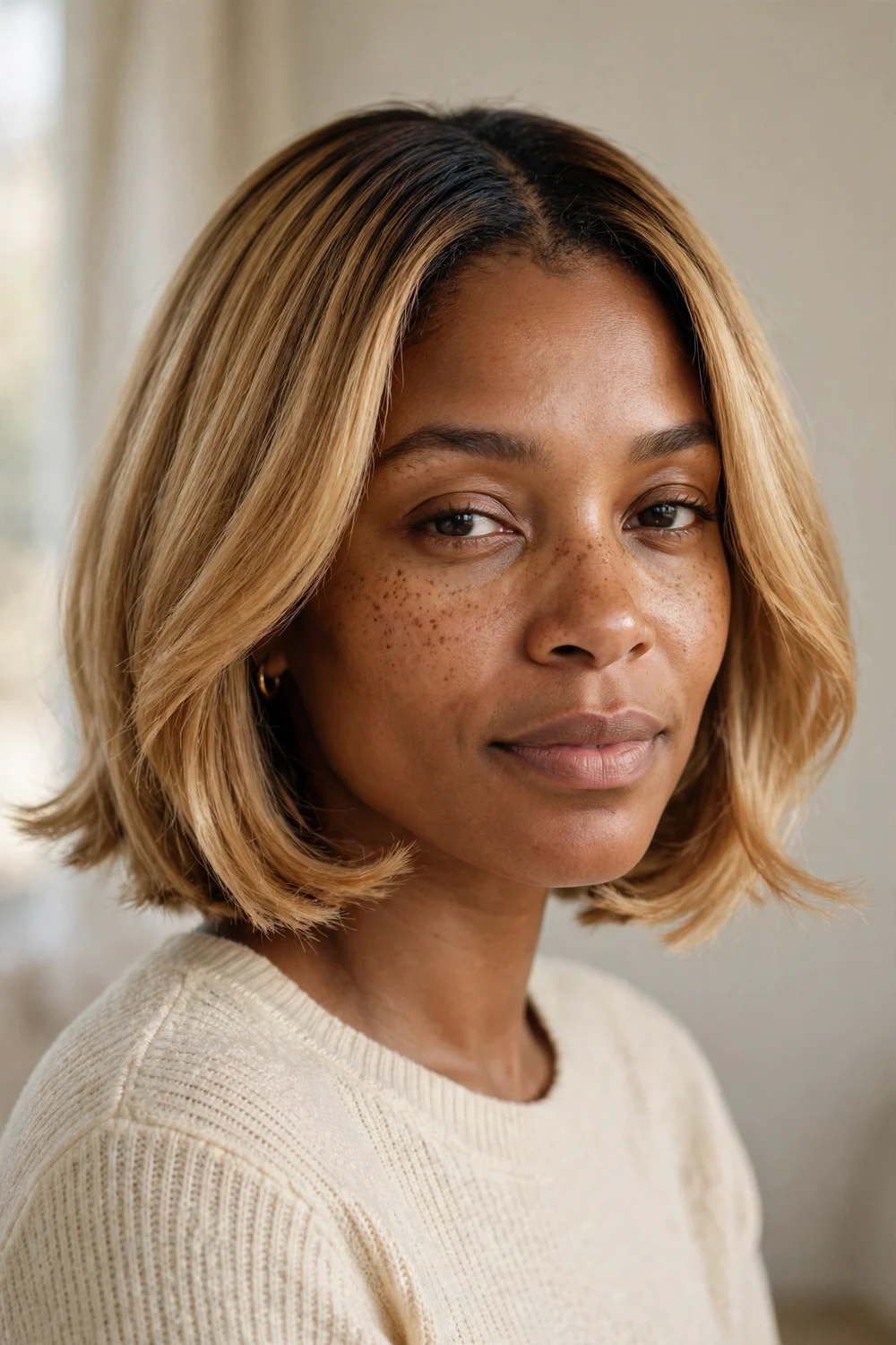 Black woman with honey blonde chin-length bob and dark root shadow