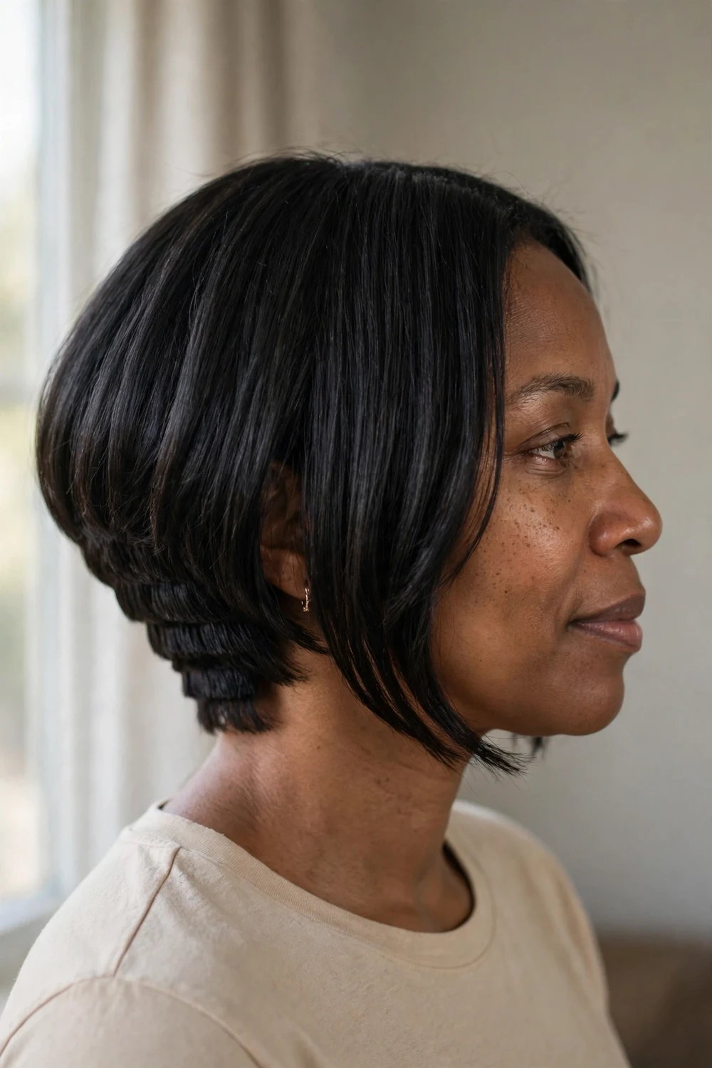 Black woman with chin-length inverted bob, stacked nape graduating to longer front