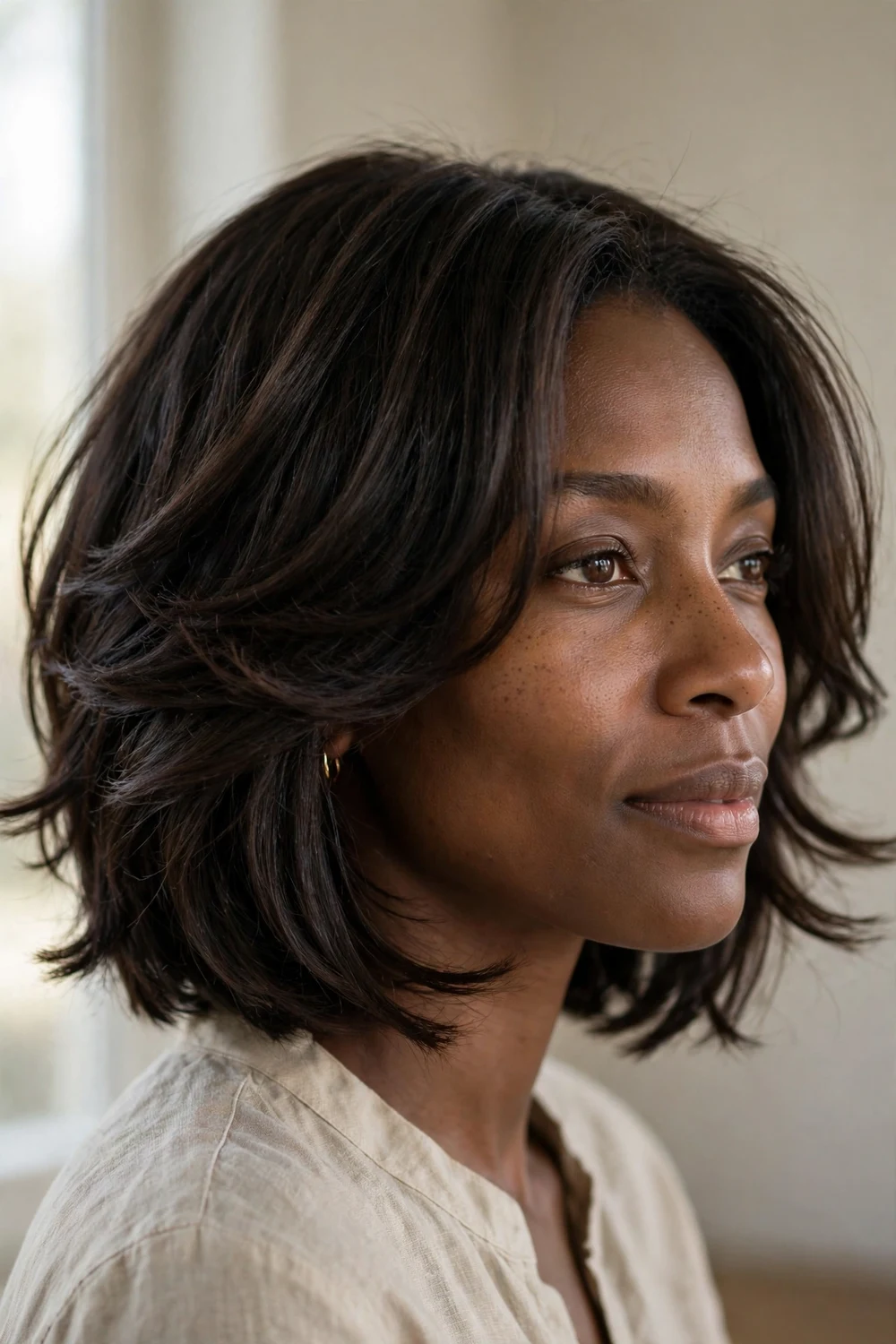Black woman with layered chin-length bob, swoopy feathered sides