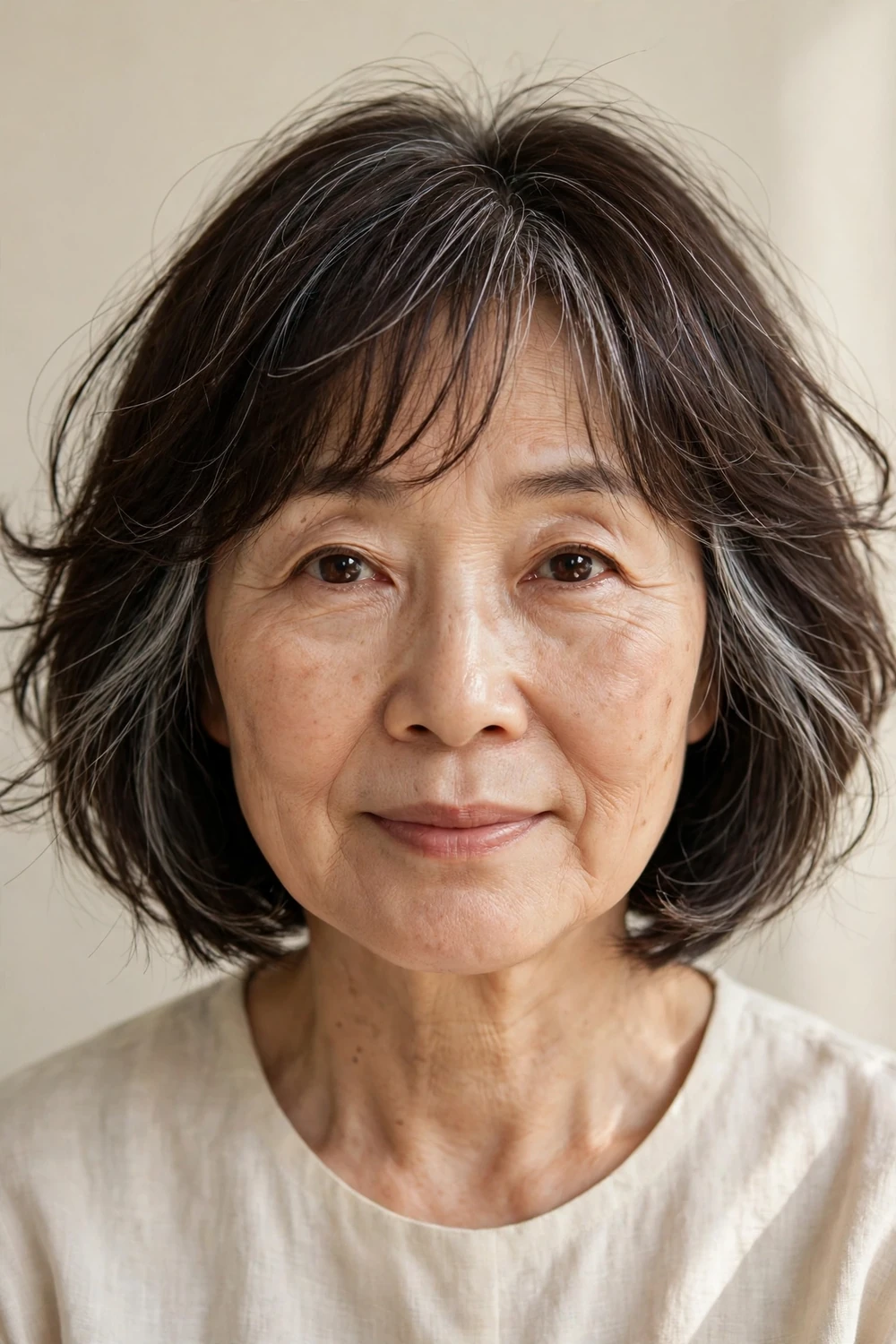 Chin-length layered bob with wispy bangs