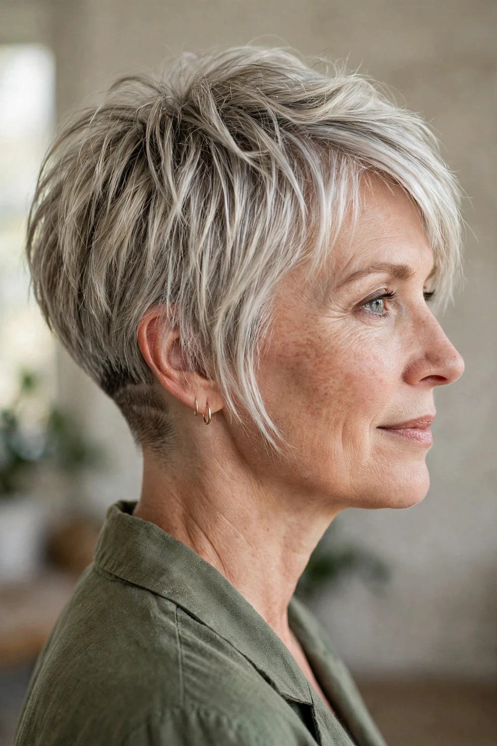 Older woman with silver blonde hair in a chin-length pixie with shaved undercut