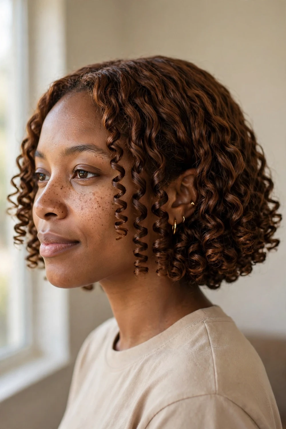 Black woman with chin-length ringlet bob, tight defined ringlets