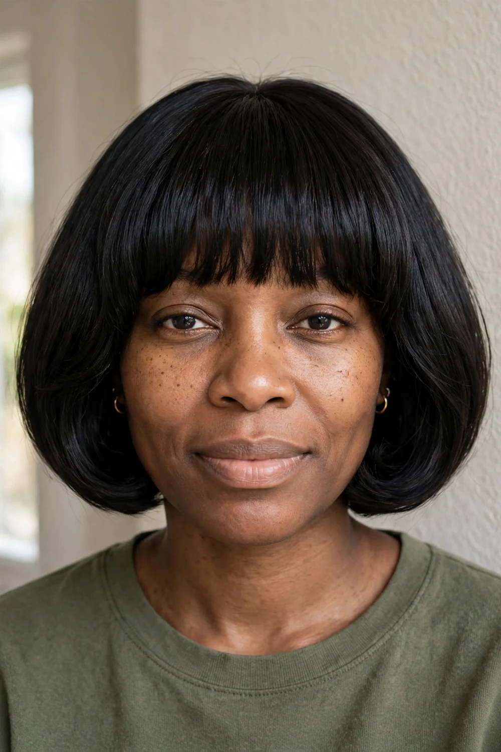 Black woman with rounded chin-length bob and full bangs