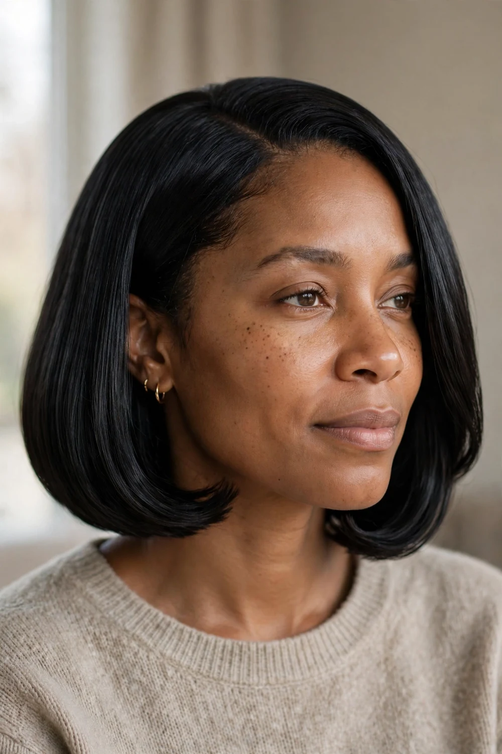 Black woman with silk-pressed chin-length bob, high-shine smooth finish