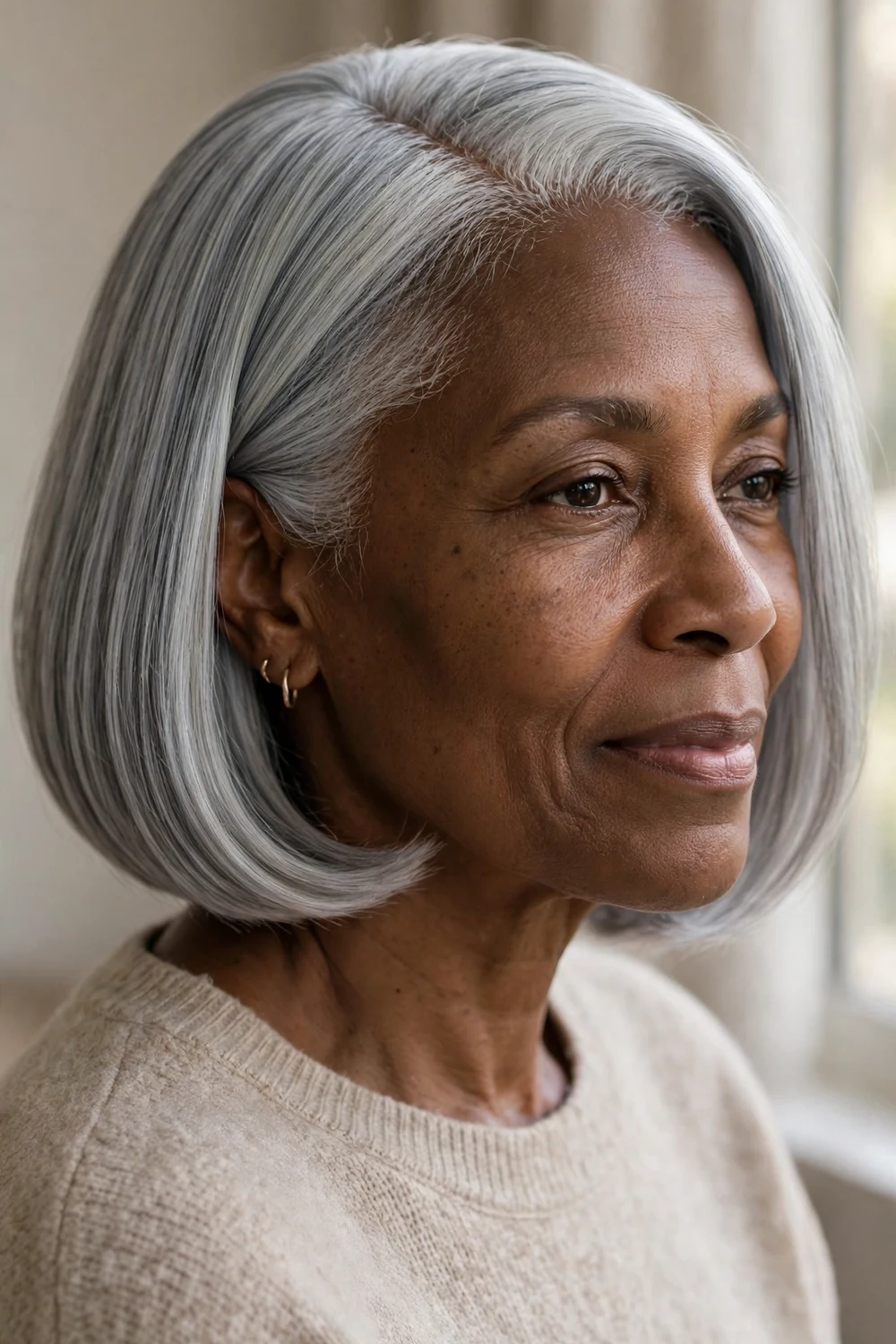 Older Black woman with silver chin-length bob and deep side part