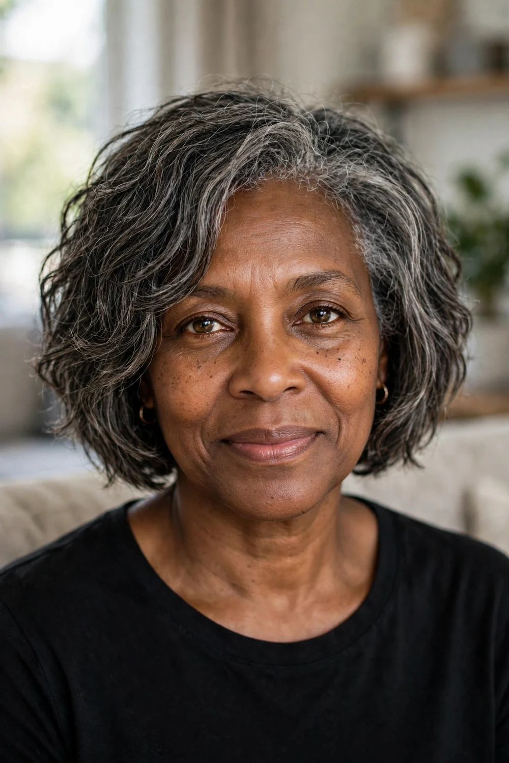 Black woman in her late 50s with a chin-length textured bob in salt-and-pepper hair
