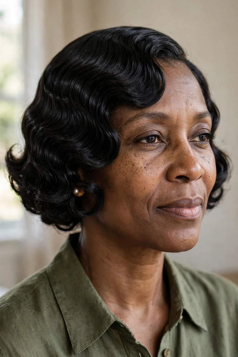 Black woman with vintage wave chin-length bob, sculpted S-waves