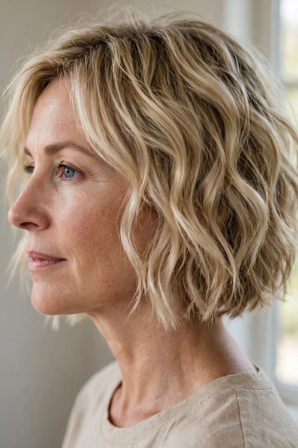 Effortless air-dried tousled wavy chin bob with undone texture