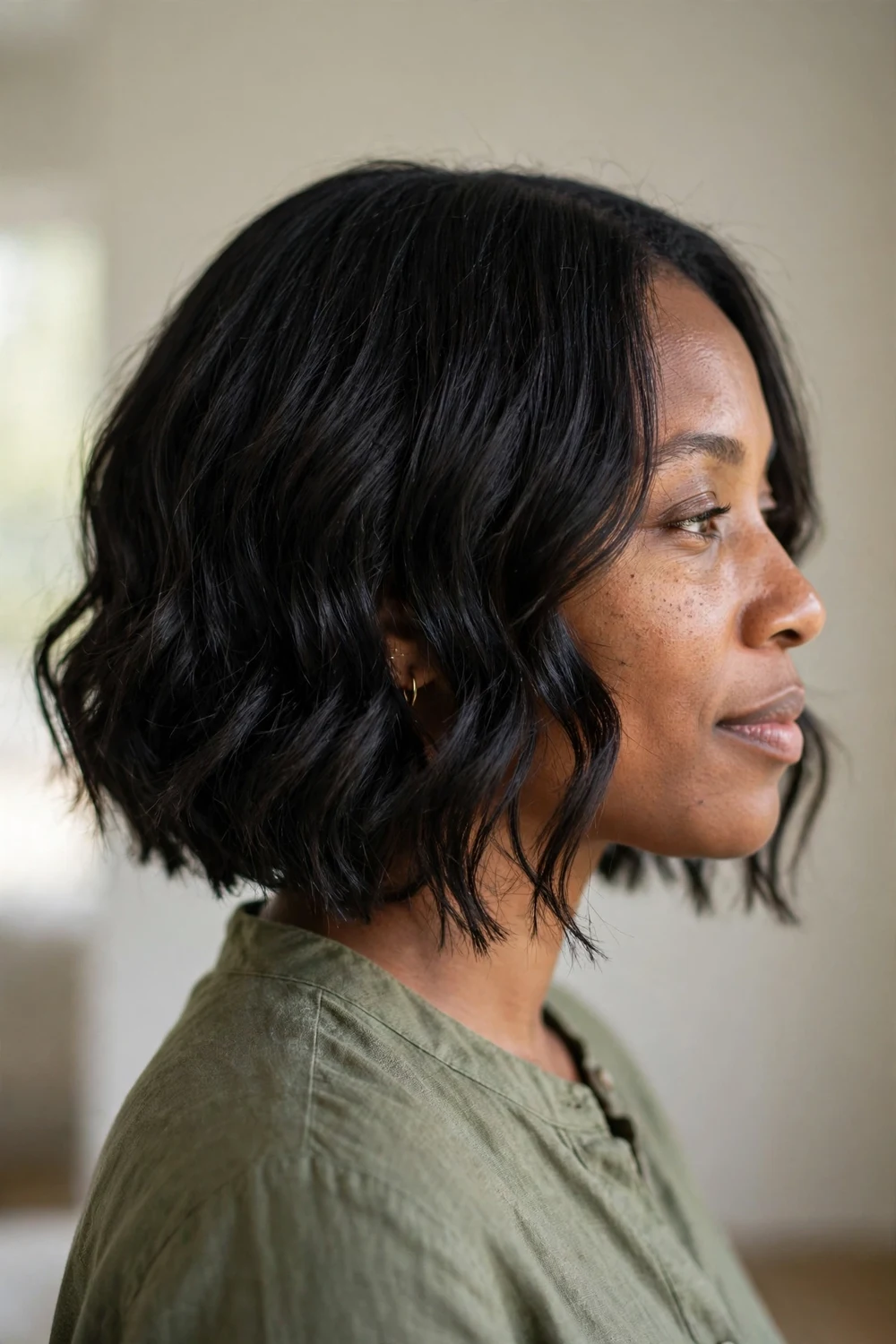 Wavy A-line chin bob angled longer toward the front