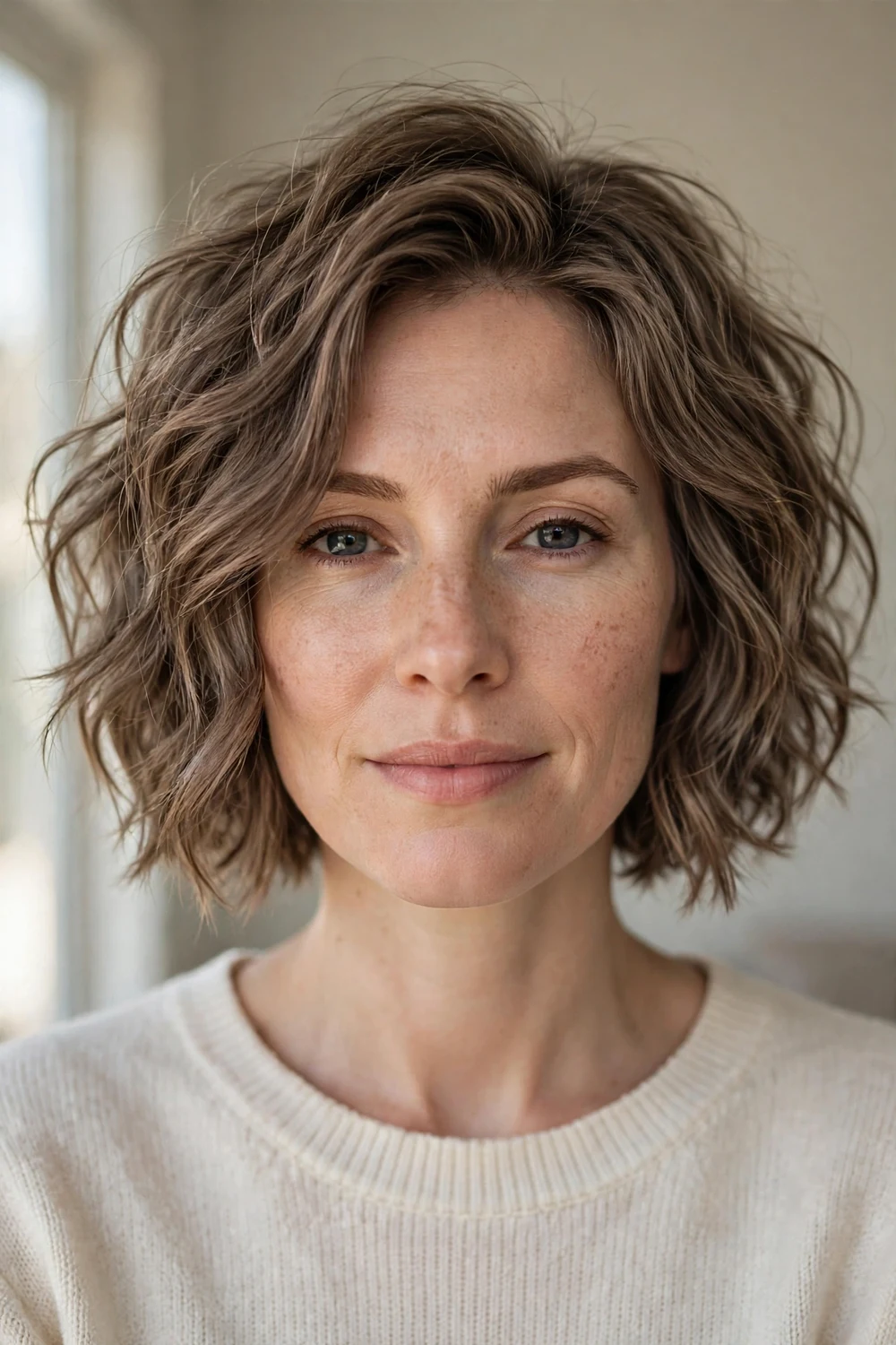 Choppy ash brown wavy chin-length bob with cool tones