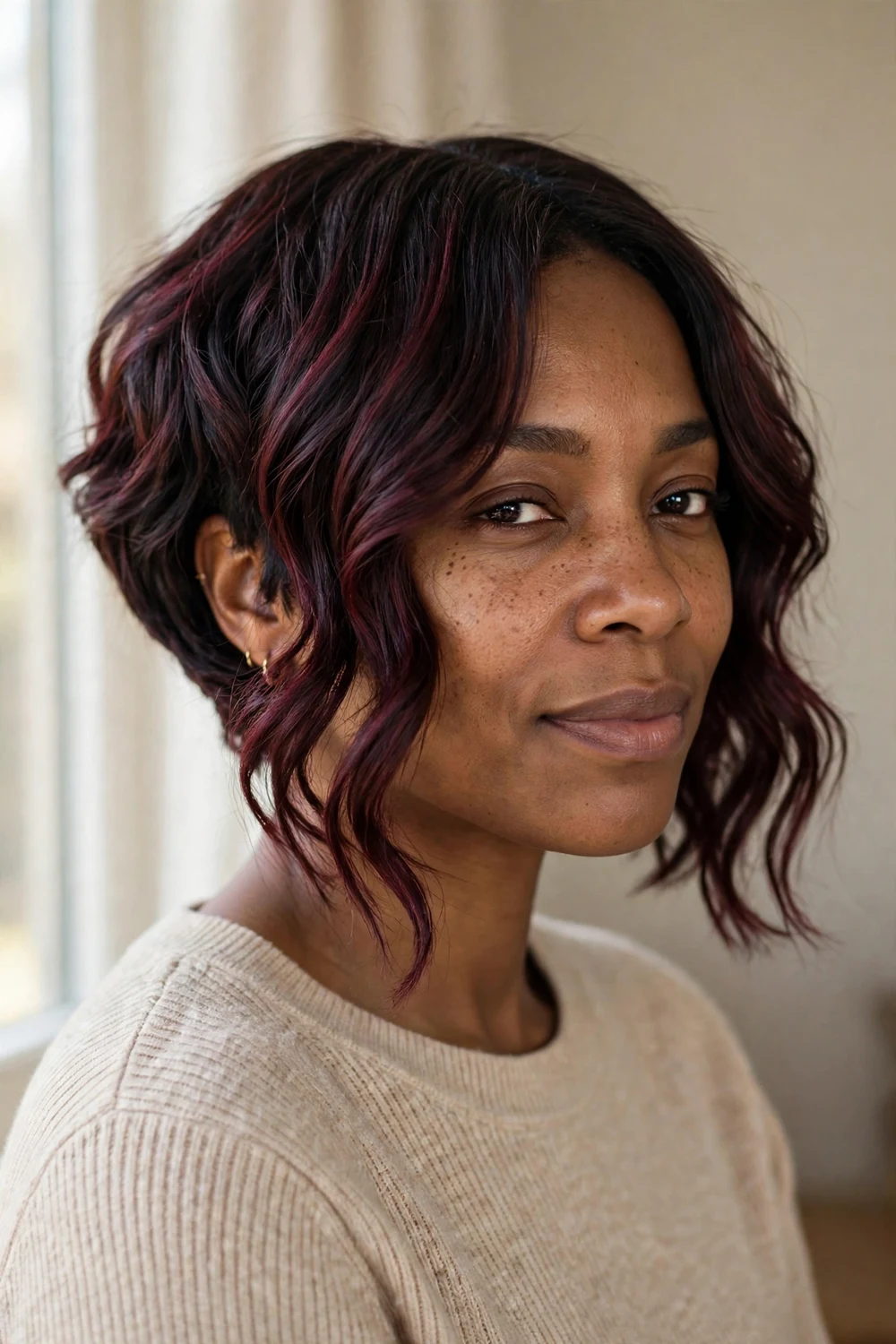 Asymmetrical wavy chin-length bob, longer on one side