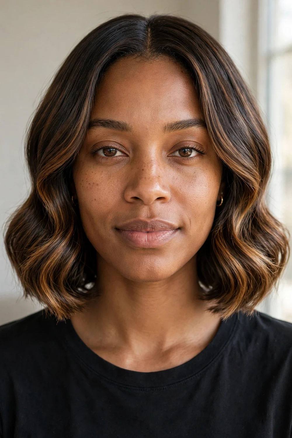 Sleek polished wavy chin-length bob with caramel balayage