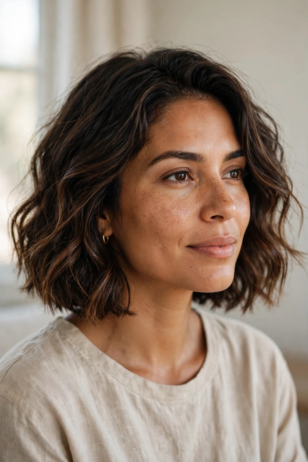 Classic beachy wavy chin-length bob with loose sun-kissed waves