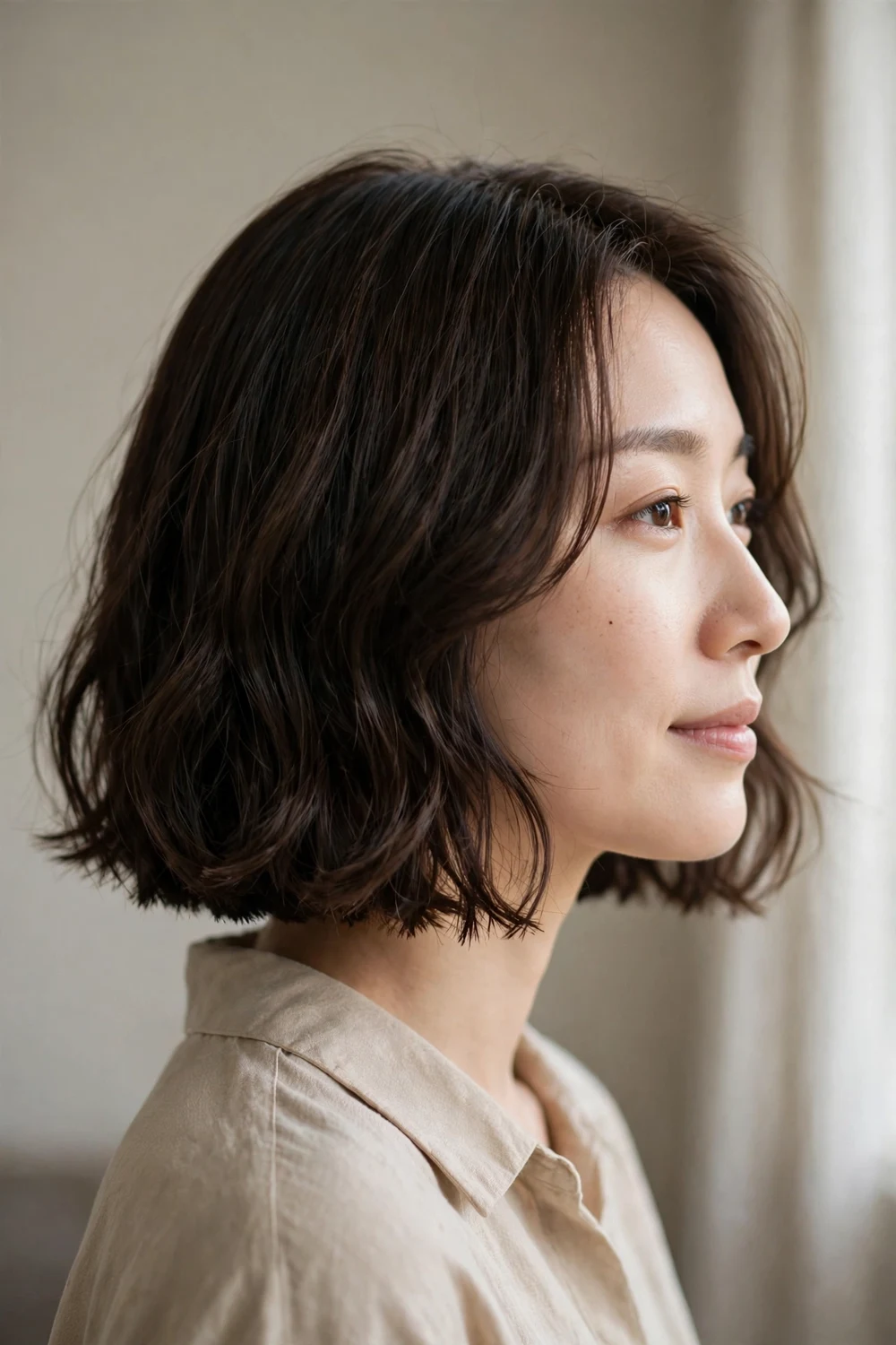 Wavy chin-length bob with blunt even ends