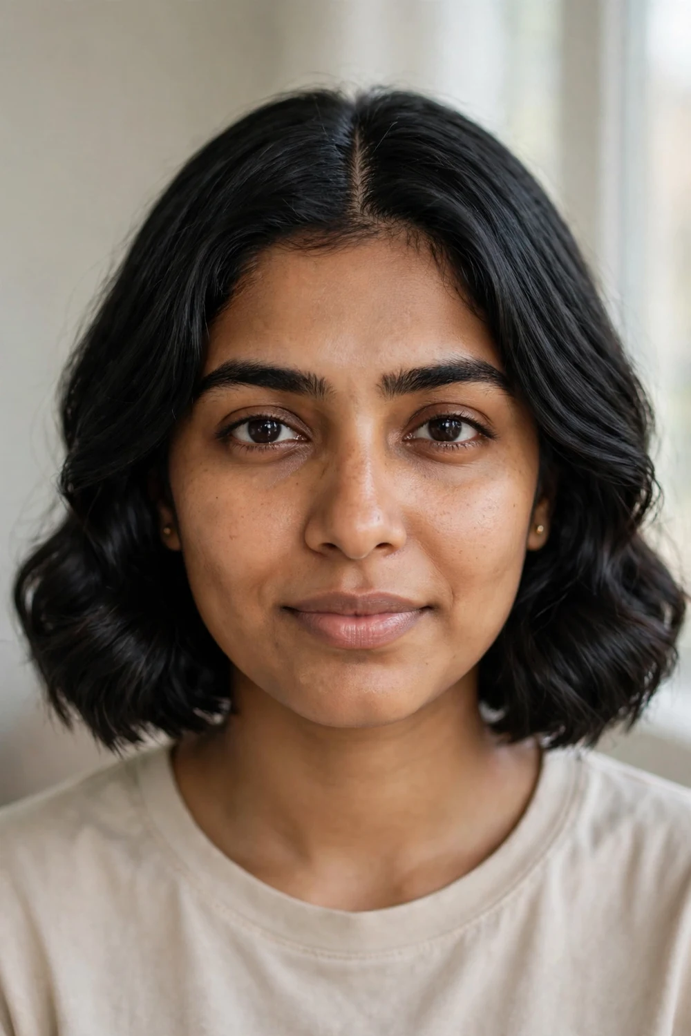 Center-part wavy chin-length bob with symmetrical waves