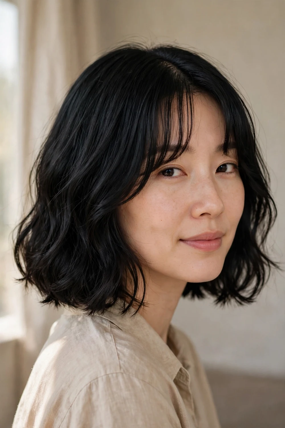 Wavy chin-length bob with center-parted curtain bangs