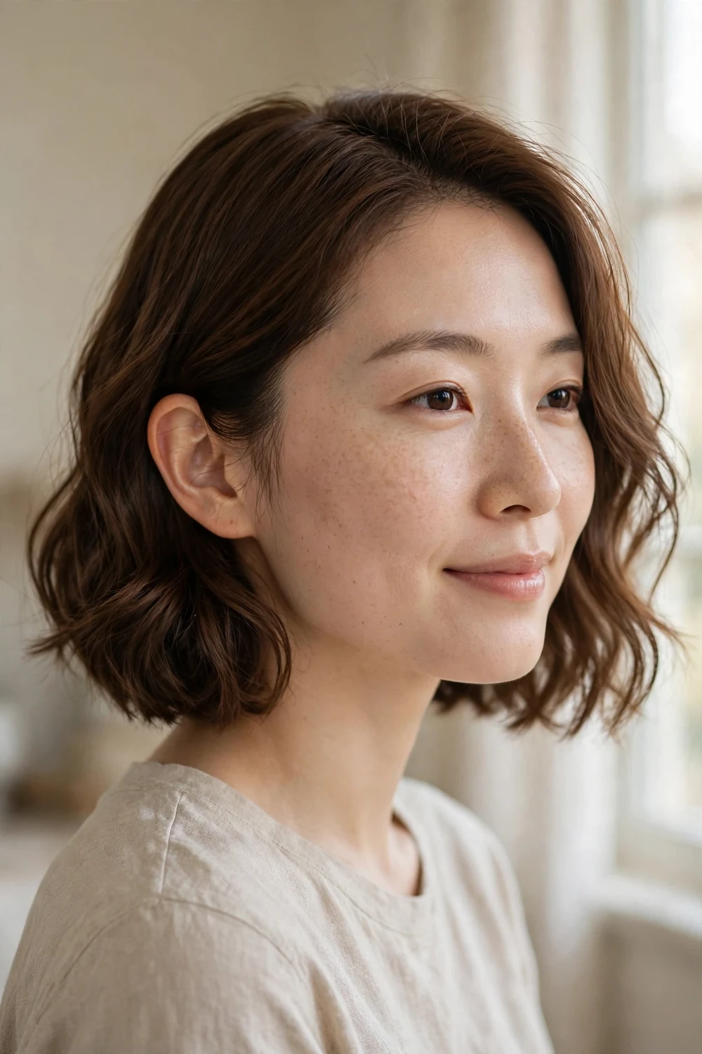 Wavy chin-length bob with one side tucked behind the ear