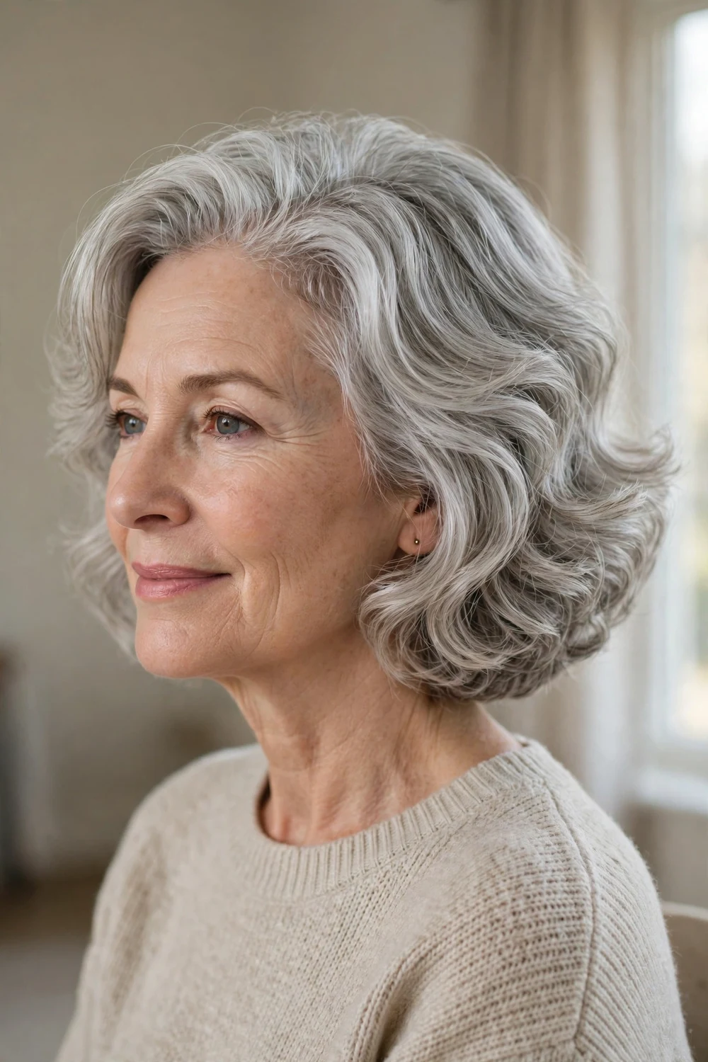 Wavy chin-length bob for fine hair with stacked volume