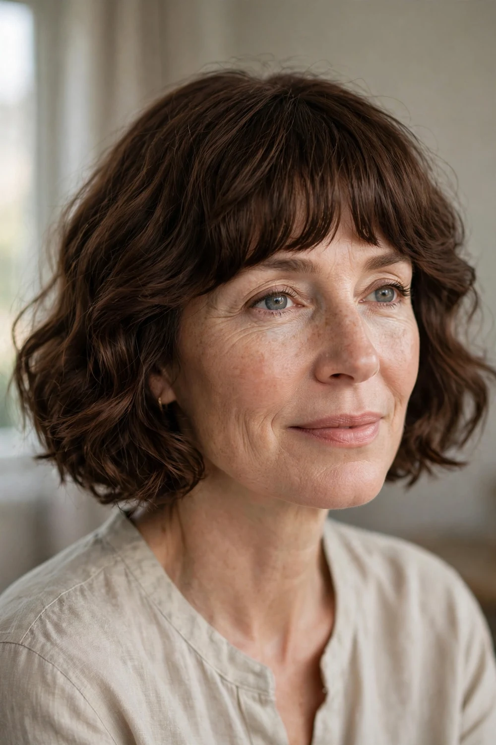 Wavy French bob at chin length with full bangs