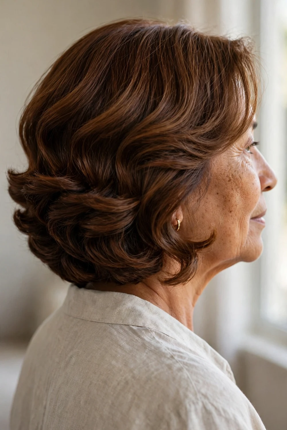 Wavy graduated chin bob with stacked rounded layers